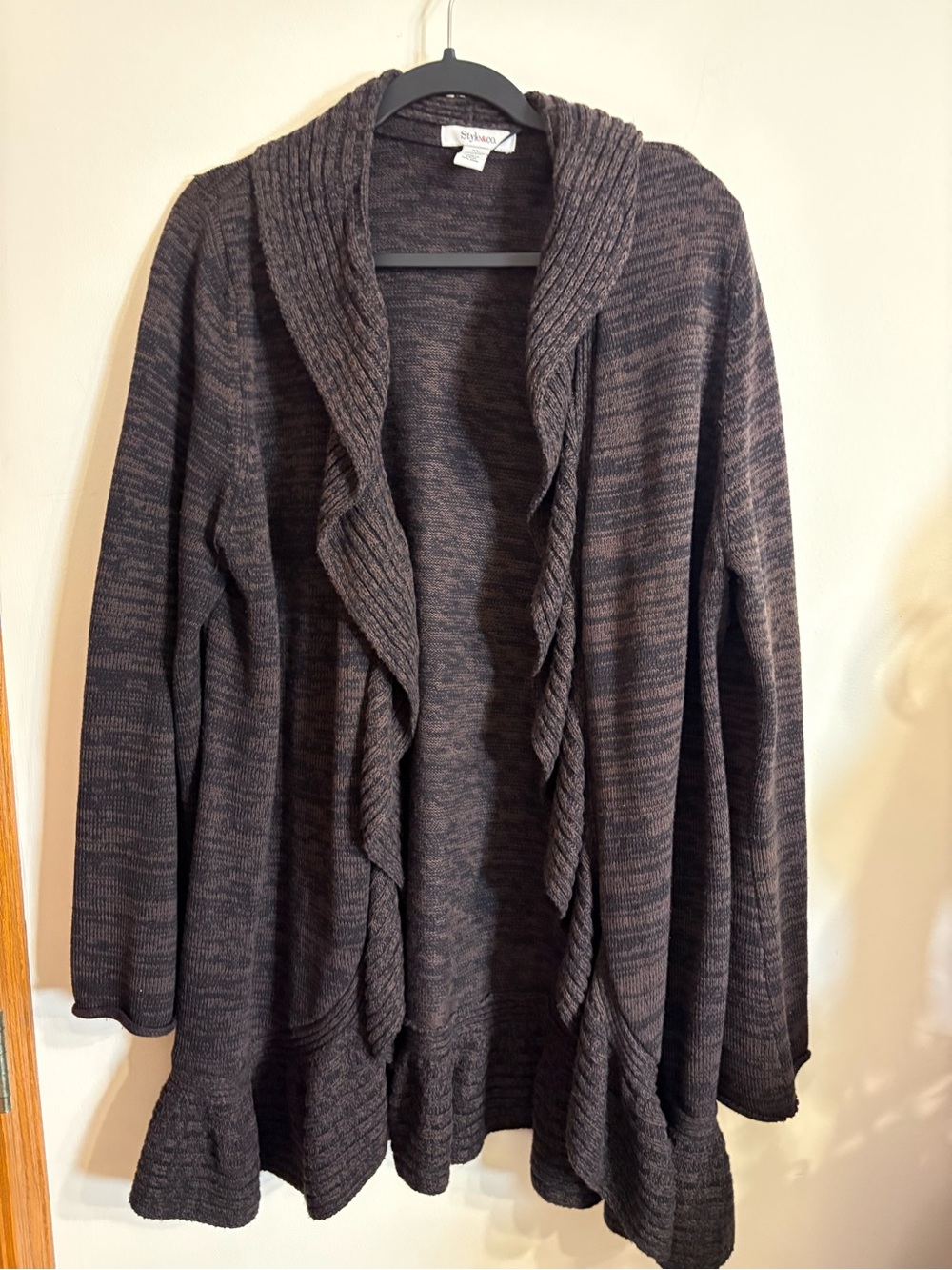Style & Co. Brown Marled Ruffle-Trim Open Cardigan